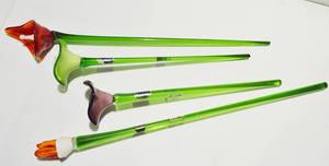 Gorgeous &amp Rare Vintage 4 Long Stem Art Glass Flowers by Pasabahce - Most With Original Vintage Label