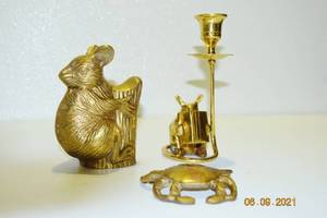 Lot Of 3&nbspVintage Solid Brass Figures Mouse Reading Book w Candlestick Candle Holder Tail, Koala Mamma Bear &amp Baby Paperweight &amp Crab - Great Condition