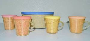 1960s Mid Century Plastic Melmac Thermoware Wicker Rattan Raffia Insulated Mugs &amp Popcorn Bowl In Pastel Colors - Great Condition
