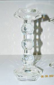 Glistening Pair Vintage Swarovski Style Gem Cut Crystal Ball Pillar Candleholders - 9 Tall - Excellent Condition