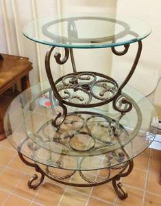 Beautiful Sculptural Gold Bronze Gilt Wrought Iron Twisted Rope Glass Top Matching Pair Indoor Outdoor Coffee Table &amp End Table - Excellent Condition - Very Heavy