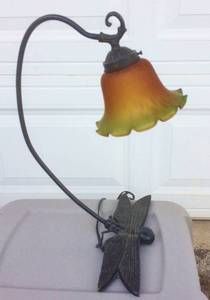 Darling Vintage Iron Dragonfly or Butterfly Gooseneck Lamp With Tiffany Style Glass Ruffle Shade - Great Condition