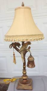 Bird Lovers Alert Vintage Large 34 Gold Gilt Faux Crackle Unusual Parrot Macaw Bird On Palm Branch Lamp With Hanging Light Up Lantern &amp High End Tasseled Shade (Each Tassels Edge Has Been Burned) Plus Parrot Finial - Works&nbsp &nbsp