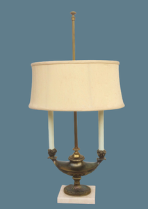 REFINED ELEGANCE HIGH QUALITY VINTAGE STIFFEL ALADDIN GENIE FRENCH EMPIRE BOUILLOTTE GAMING TABLE BRASS BRONZE MARBLE CANDLESTICK LAMP - GREAT WORKING CONDITION WGORGEOUS PATINA TO BRONZE - SHADE INTERIOR HAS A COUPLE MINOR FLAWS&nbsp