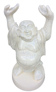 I LOVE THIS BIG GUY&nbsp FANTASTIC 1970S RETRO COOL 21 TALL &amp LARGE PORCELAIN HAPPY HANDS RAISED BIG BELLY BUDDHA WITH BOHO FAUX BLUE CRACKLE GLAZE - READY TO GREET FRIENDS AND FAMILY AT THE DOOR OR IN YOUR GARDEN GREAT CONDITION