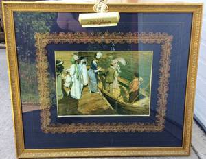 LARGE 38x33 Vintage Vanguard Studios Gold Gilt Framed &amp Matted With Fabric Trim Print By E Phillips Fox The Ferry Fantastic Condition Includes Vintage Working Mounted Gold Hang-O-Lite Display Lamp Lighting With Floral Motif&nbsp