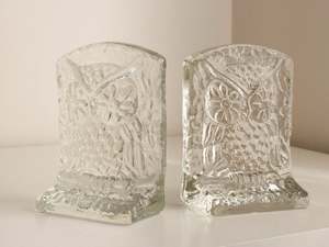 Very Rare Large &amp Heavy Pair Mid Century Modern Art Glass Owl Bookends Clear Viking Italla Blenko&nbsp- Excellent Condition Approx 6.75x5
