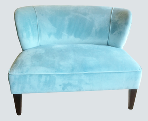 LOVELY WORLD MARKET SKY BLUE MICROSUEDE CURVED BACK LOVESEAT WITH SILVER STUDS ACCENTS - A SMALL SOFA FOR ANY ROOM - GREAT CONDITION