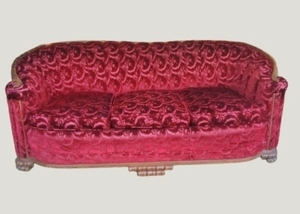 WOWOW ANTIQUE ART DECO VICTORIAN OOZING HOLLYWOOD REGENCY GRETA GARBO STYLING CARVED WOOD &amp PATTERNED MOHAIR VELVET SOFA IN BORDEAUX RED - FANTASTIC CONDITION FOR AGE SEE PICTURES&nbsp