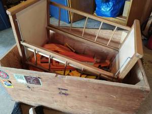 Wood Box with Vintage Toys and Crib