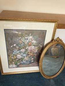 Framed Floral Artwork And Oval Mirror