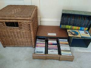 lot 118 image: Collection Of CDs Cassette Tapes And A Wicker Storage Cube