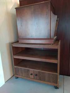 lot 391 image: Rolling media cabinet, magazine rack end table, two misc. drawers