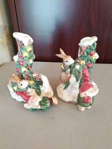 lot 26 image: Fitz and Floyd- Gnomes and Rabbits Christmas Candlestick Holders
