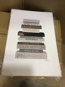12.5 in. x 18.5 in. Neutral Grey and Rose Gold Fashion Bookstack by Amanda Greenwood Wood Wall Art Customer Returns See Pictures