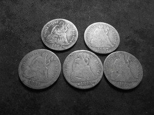 Collection Of Seated Liberty Dimes 1873, 1876, 1884, 1887, 1891