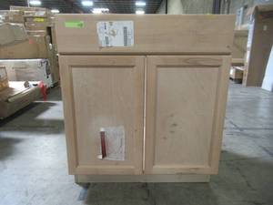 lot 317 image: Hampton Bay Assembled 30 in. x 34.5 in. x 24.63 in. Easthaven Sink Base Cabinet with False Drawer Front in Unfinished German Beech EH3035S-GB