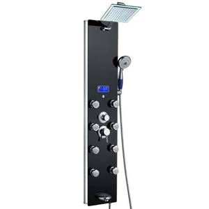 lot 319 image: Akdy 52 in. 8-Jet Shower Panel System in Black Tempered Glass with Rainfall Shower Head, LED Display, Handshower, Tub Spout SP0103