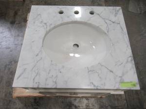 lot 335 image: Home Decorators Collection Sonoma 24 in. W x 20.25 in. D Vanity in White with Natural Marble Vanity Top in White with White Basin 9784800410