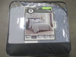 lot 803 image: Hallmart Collectibles King Alden Stripe 8pc Bed Set in Blue, NEW