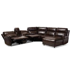lot 100 image: BAXTON STUDIO Dacio 6-Piece Brown Faux Leather 6-Seater Curved Reclining Sectional Sofa in Brown, 150-9117-HD - Missing Upper Back Side Arm on Chair, Rip in Back Cushion on Chaise.