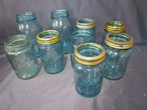 Blue canning jars two qts, five Ba...
