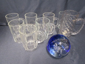 Glass mugs (8), paperweight...