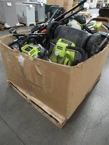 WHOLESALE MIXED PALLET OF MICELLANOUS RYOBI OUTDOOR BACKPACK BLOWERS, TRIMMERS, CHAINSAWS, SNOWBLOWER AND MORE