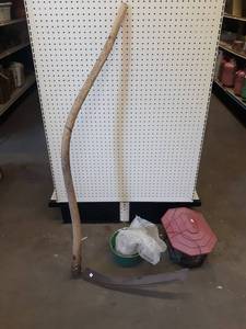 Antique Scythe, Bird Feeder and Vintage Pot with Screws