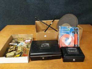 Lot of Brass Hardware, Transfer Pump, Cash Boxes and More