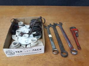 Large Wrenches 1-116, 1-18, 1-14 and Box of Electrical
