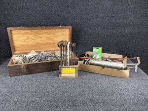 Hex Key Set, Assorted Hand Tools and Large Wooden Box of Hardware