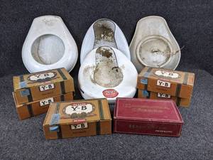 Lot of Enamel Bedpans and Cigar Boxes