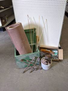 Green Wood Box with Sandpaper, Abrasives, Tire Irons, Dowels, and More