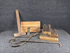 Lot of Square Head Nails, Hay Tongs, and More