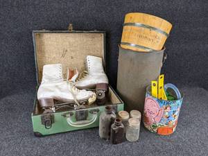 Betty LytteHyde Chicago Roller Skates, Wood Fairmont Bucket, Glass Bottles & Jars and Vintage Toys