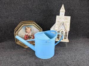 Home Decor Lot - Tin Church Candle Holder, Watering Can, and Octagon Shaped Tin