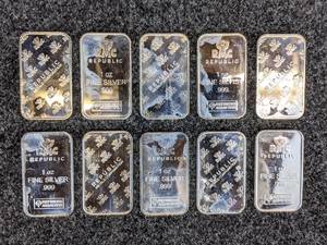 Lot of (10) 999 Fine Silver RMC Republic 1oz Bars