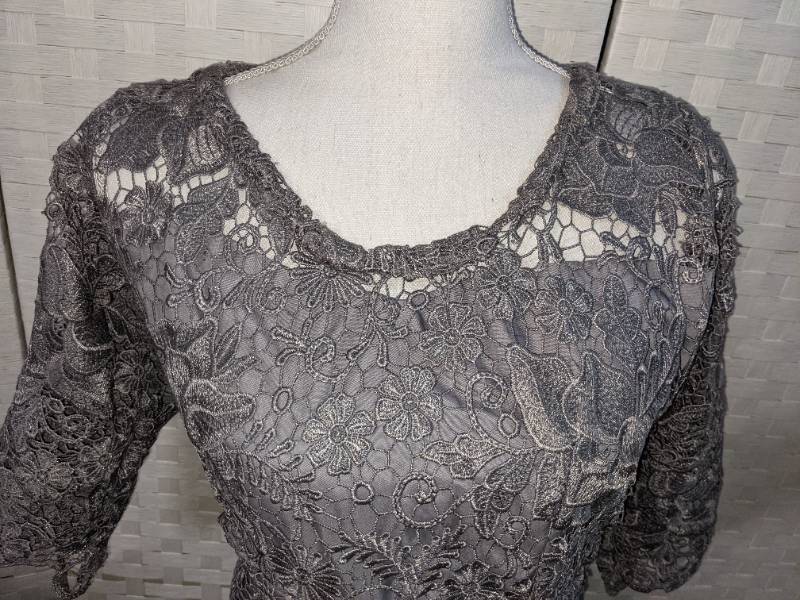 Haute Couture Dress wGray Lace Full Length Overlay, Shorter Skirt Lining Sz 6