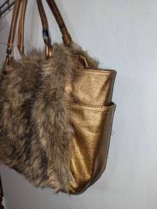 Kathy Van Zeeland Metallic Bronze Faux Fur Multi-Pocket Shoulder Bag