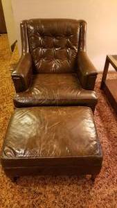 Vintage Henredon Coffee Brown Leather Arm Chair & Ottoman