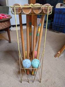 Vintage Pastel Colored Croquet Mallets, Wood Balls on a Yellow Metal Stand