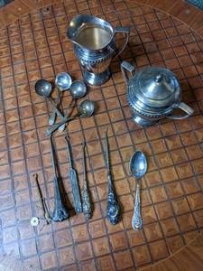 Vintage Silver Repousse Corset Shoe Lace Button Hook, Spoons and Sugar & Creamer Set