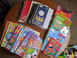 Box of Puzzle Books, Crossword Puzzles and Notebooks