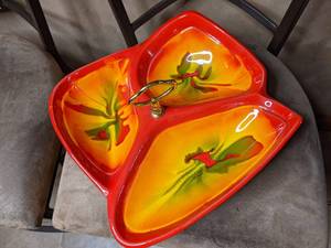 Vintage Orange, Green and Yellow Sectioned Ceramic Tray with Handle USA