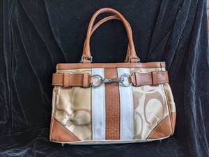 Coach Purse with Iconic Cs and Stripes in Tan, Brown and Cream