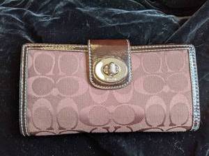 Coach Brown Leather and Fabric Wallet with Iconic Cs