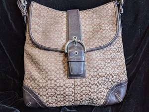 Coach Purse in Tans and Dark Brown Leather Detailing with Small Cs