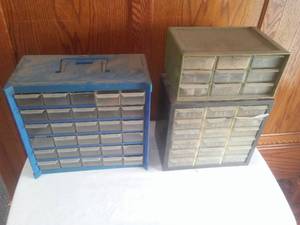 3 plastic storage drawers & contents.