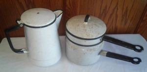 Enamelware double broiler pan and coffee pot.
